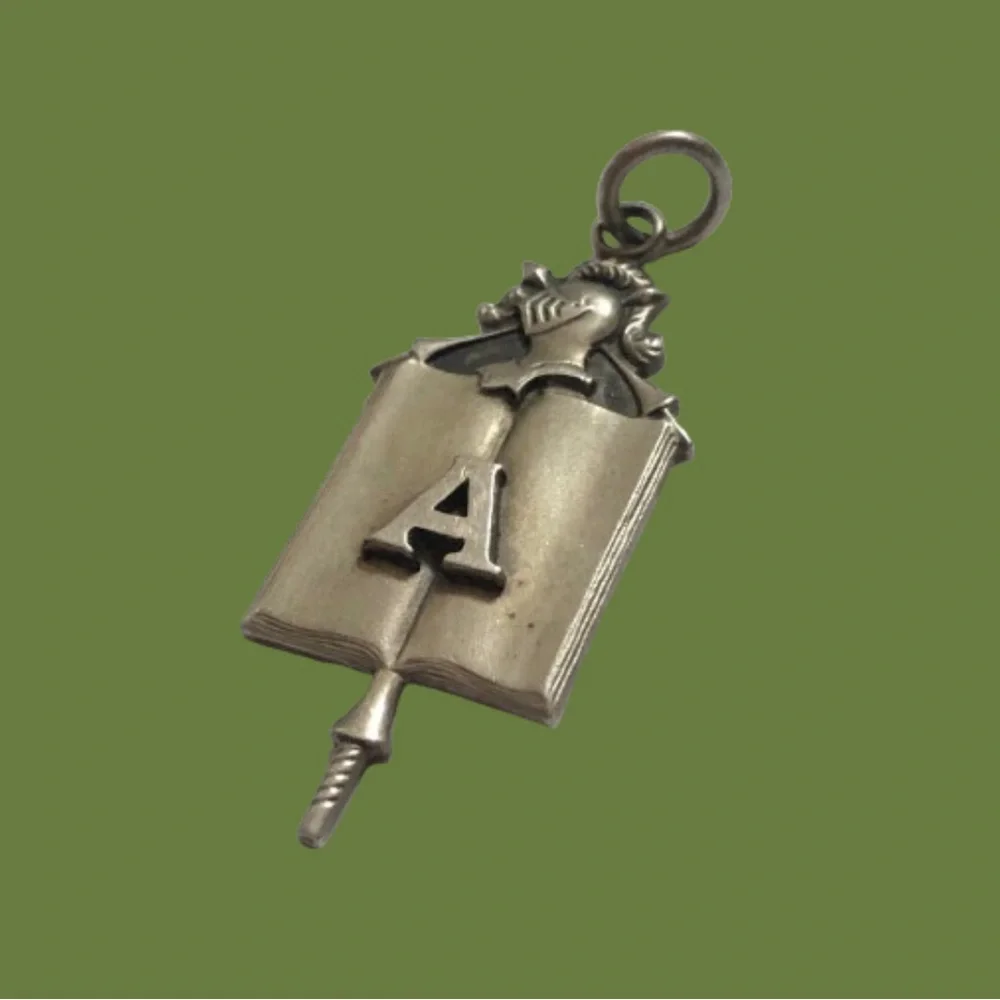 Vintage silver metal school lavaliere style pendant knight helmet letter A - Picture 1 of 9